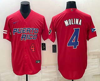 Mens Puerto Rico Baseball #4 Yadier Molina Number 2023 Red World Baseball Classic Stitched Jerseys